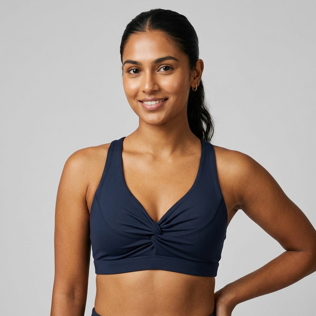 Indian woman wearing META NEST ACTIVEWEAR Twist-Front Bra in Twist Ink
