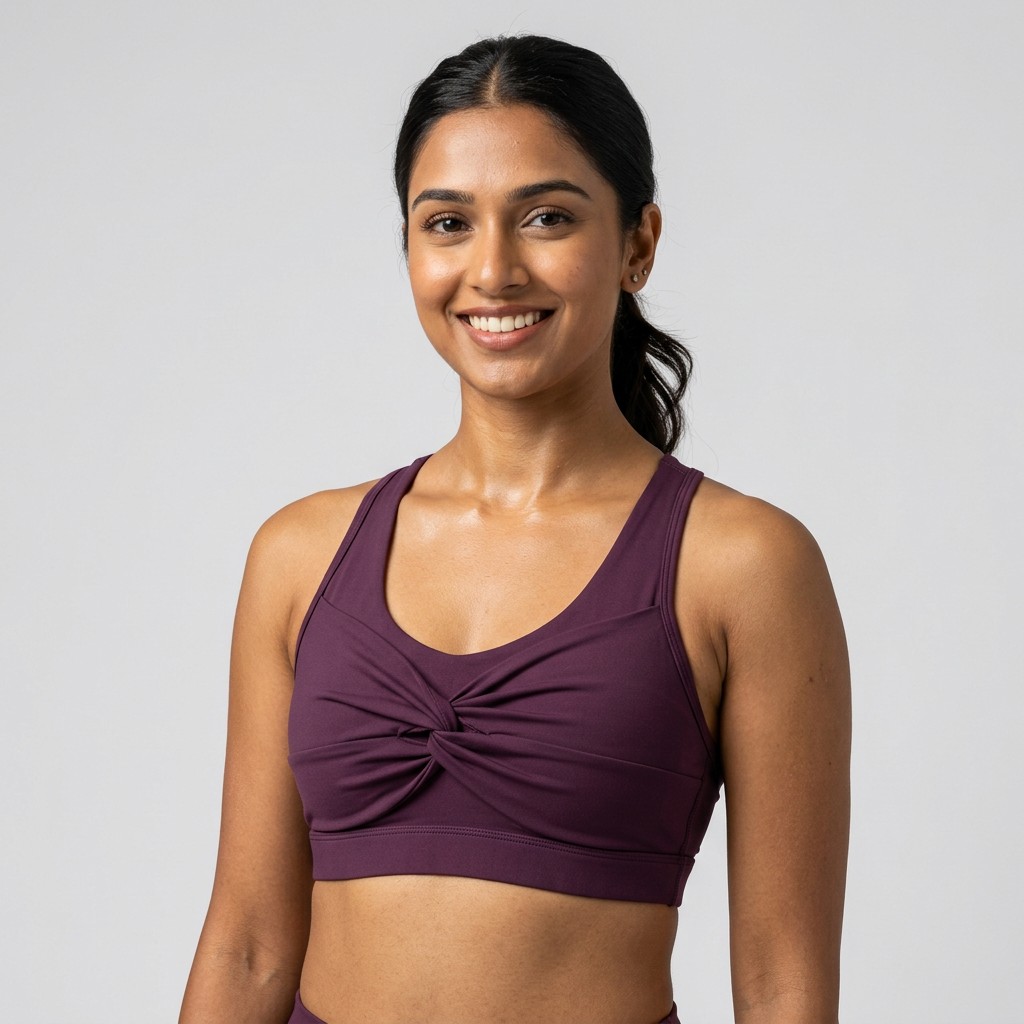 Indian woman wearing META NEST ACTIVEWEAR Twist-Front Bra in Twist Plum