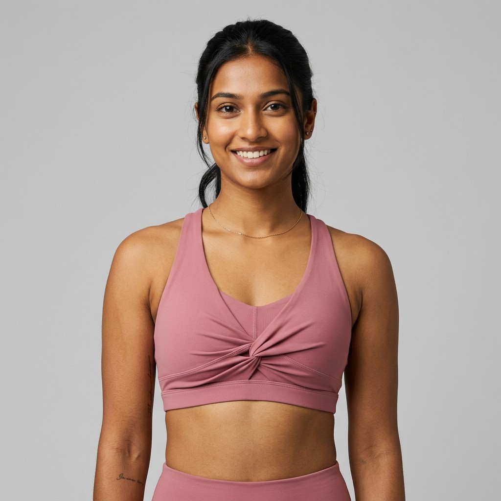 Indian woman wearing META NEST ACTIVEWEAR Twist-Front Bra in Twist Rose