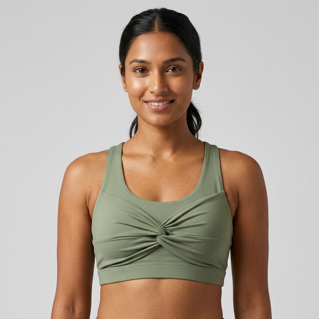 Indian woman wearing META NEST ACTIVEWEAR Twist-Front Bra in Twist Sage