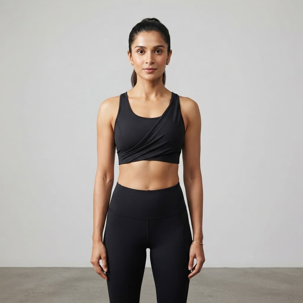 Indian woman wearing META NEST ACTIVEWEAR Underboost Wrap Bra in Wrap Black