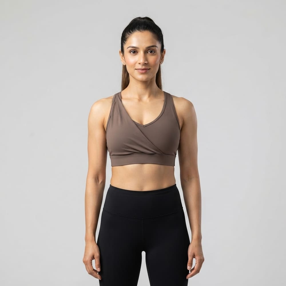 Indian woman wearing META NEST ACTIVEWEAR Underboost Wrap Bra in Wrap Mocha