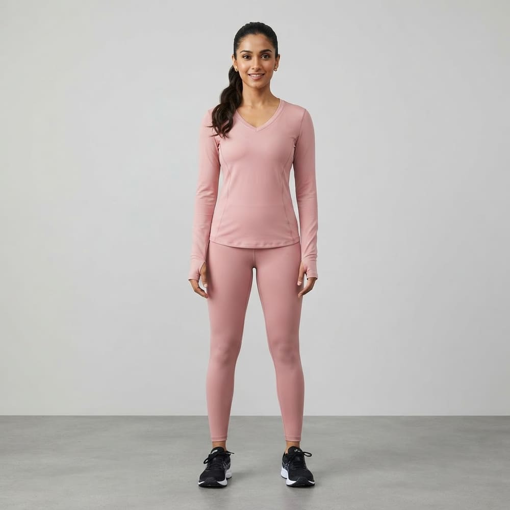 Indian woman wearing META NEST ACTIVEWEAR V-Neck Flex Long Sleeve in Blush Rose