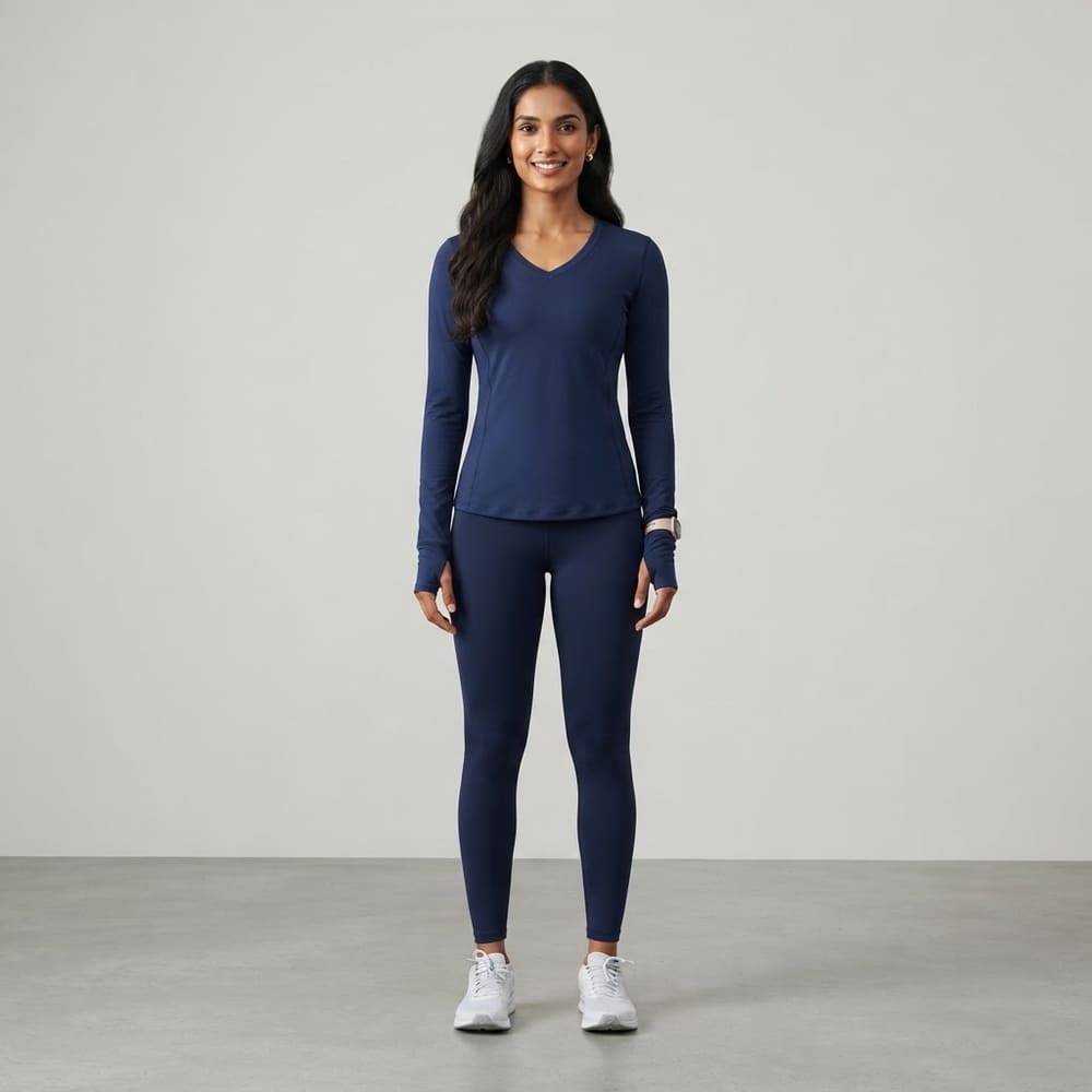 Indian woman wearing META NEST ACTIVEWEAR V-Neck Flex Long Sleeve in Deep Navy