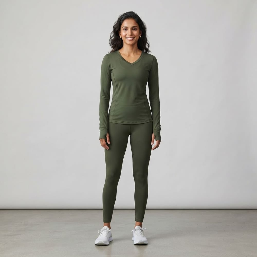 Indian woman wearing META NEST ACTIVEWEAR V-Neck Flex Long Sleeve in Forest Olive
