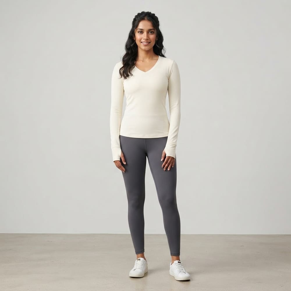 Indian woman wearing META NEST ACTIVEWEAR V-Neck Flex Long Sleeve in Ivory Cream