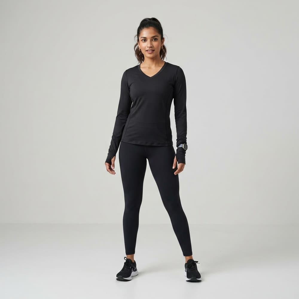 Indian woman wearing META NEST ACTIVEWEAR V-Neck Flex Long Sleeve in Noir Black