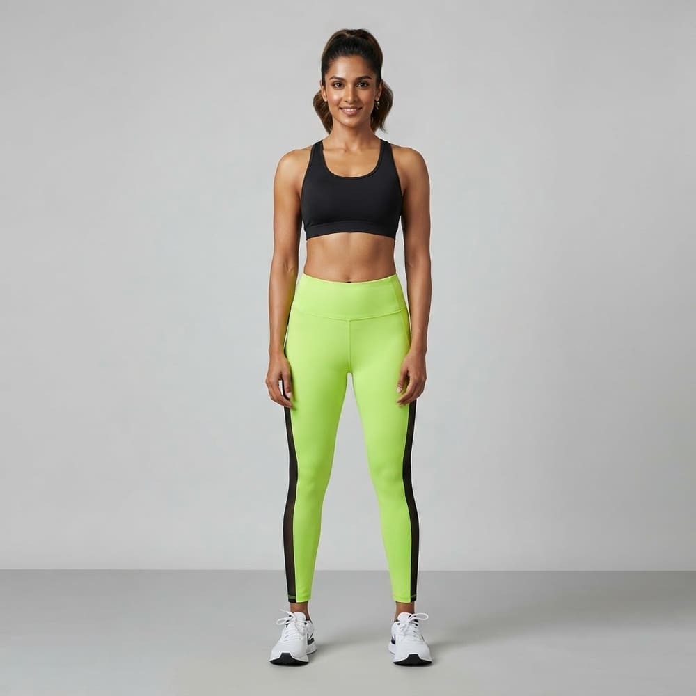 Indian woman wearing META NEST ACTIVEWEAR Velocity Mesh-Panel Leggings in Neon Lime