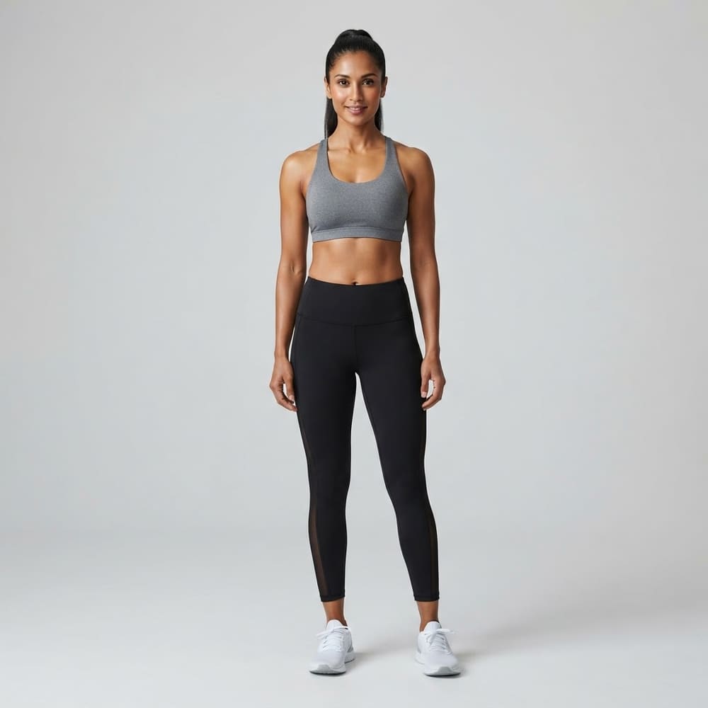 Indian woman wearing META NEST ACTIVEWEAR Velocity Mesh-Panel Leggings in Noir Black