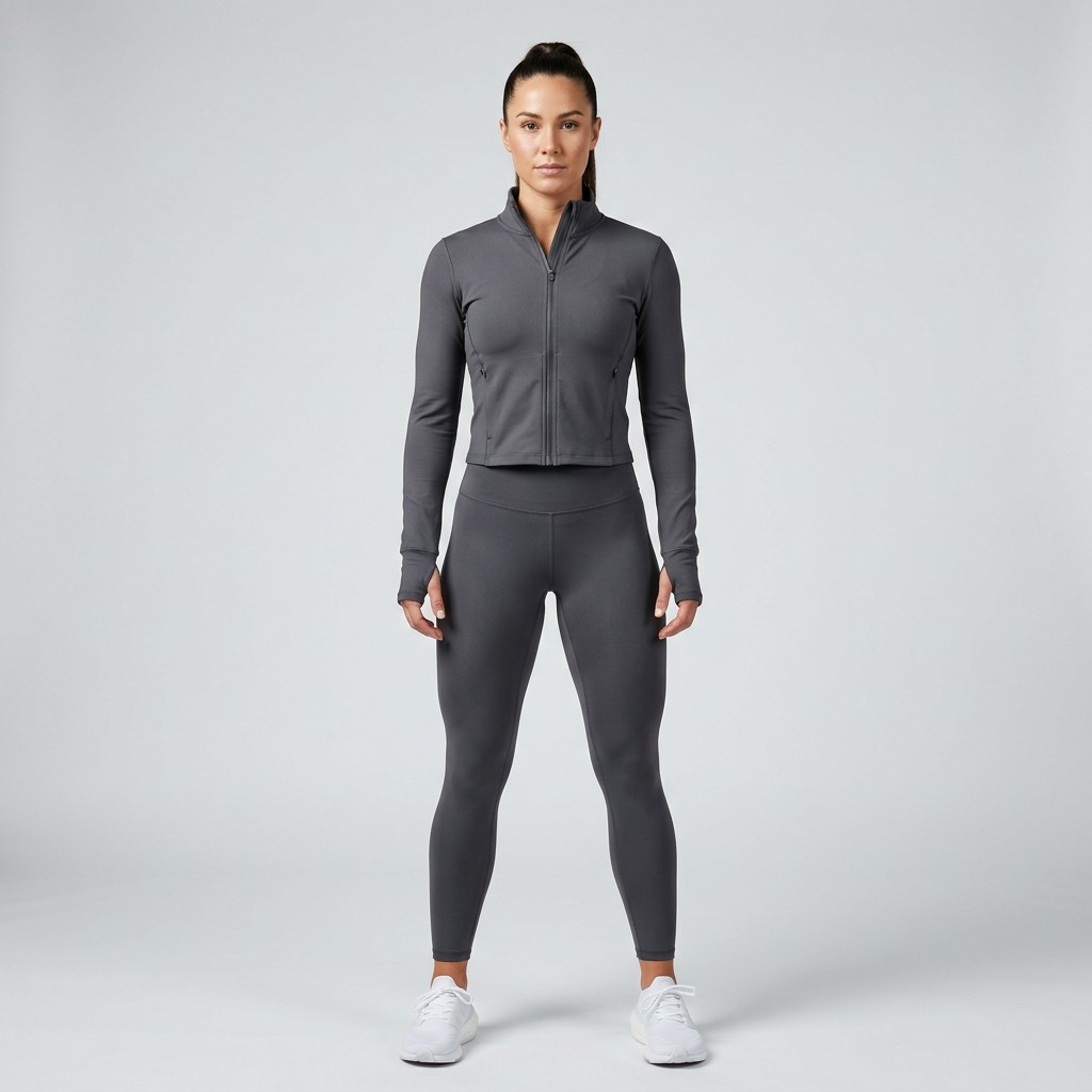 Indian woman wearing META NEST ACTIVEWEAR Velocity Zip Co-ord Set in Storm Charcoal