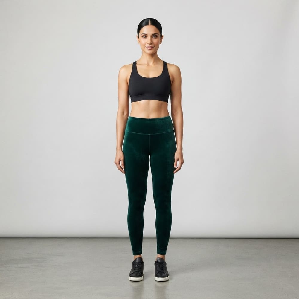 Indian woman wearing META NEST ACTIVEWEAR Velvet Touch Leggings in Velvet Emerald