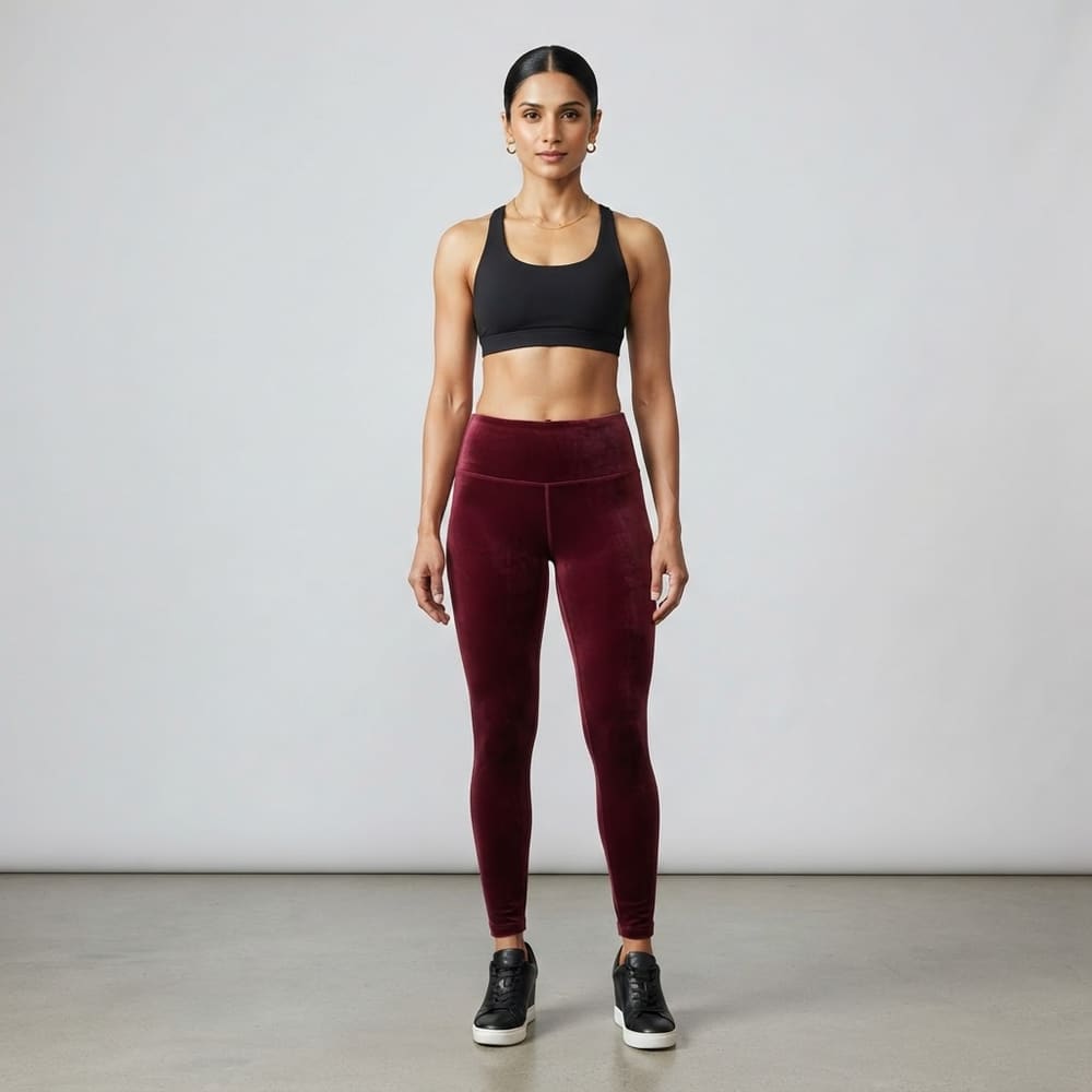 Indian woman wearing META NEST ACTIVEWEAR Velvet Touch Leggings in Velvet Wine