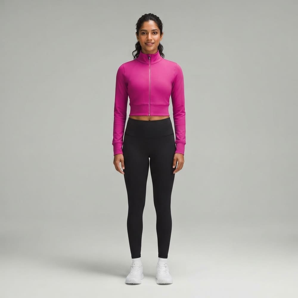 Indian woman wearing META NEST ACTIVEWEAR Waistline Cropped Track Jacket in Magenta Pink