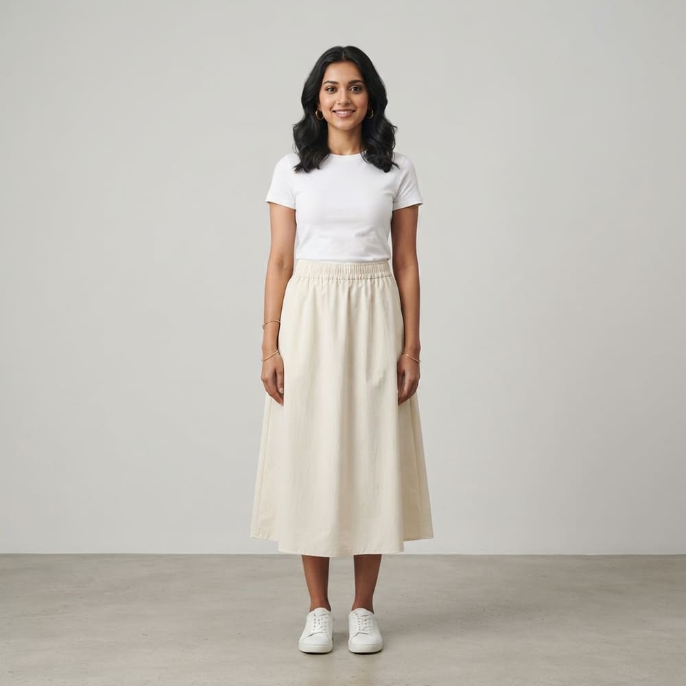 Indian woman wearing META NEST ACTIVEWEAR Wanderer Water-Resistant Midi Skirt in Ivory Cream
