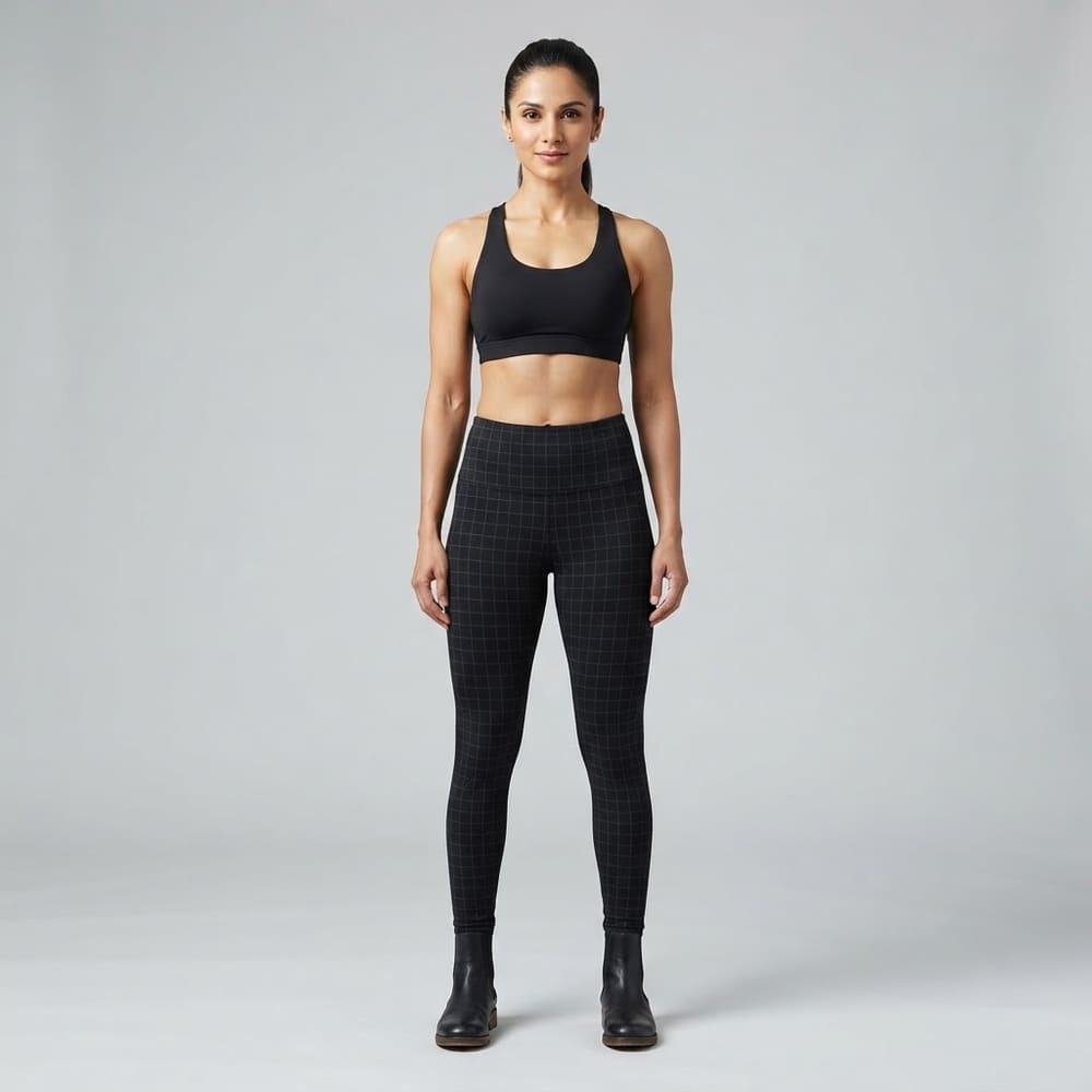 Indian woman wearing META NEST ACTIVEWEAR Windowpane Check Leggings in Windowpane Black