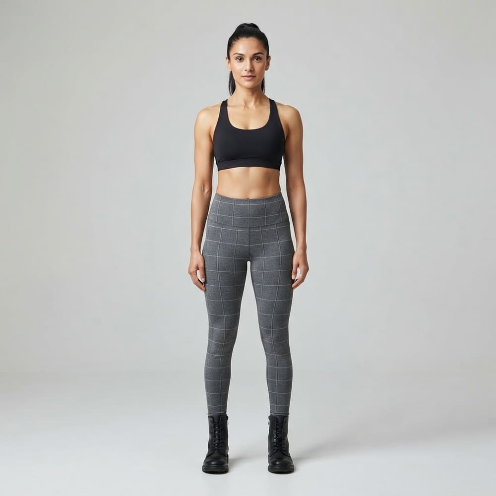 Indian woman wearing META NEST ACTIVEWEAR Windowpane Check Leggings in Windowpane Grey