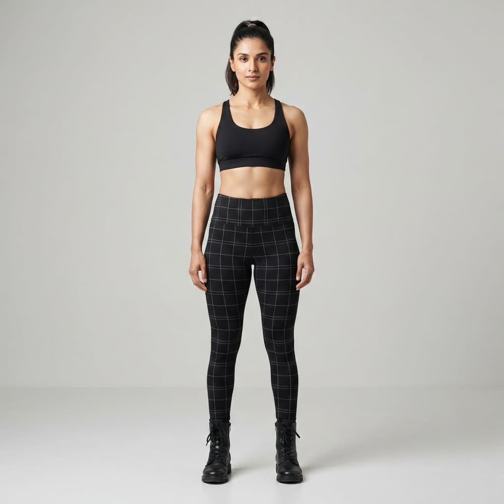 Indian woman wearing META NEST ACTIVEWEAR Windowpane Check Leggings in Windowpane Ivory