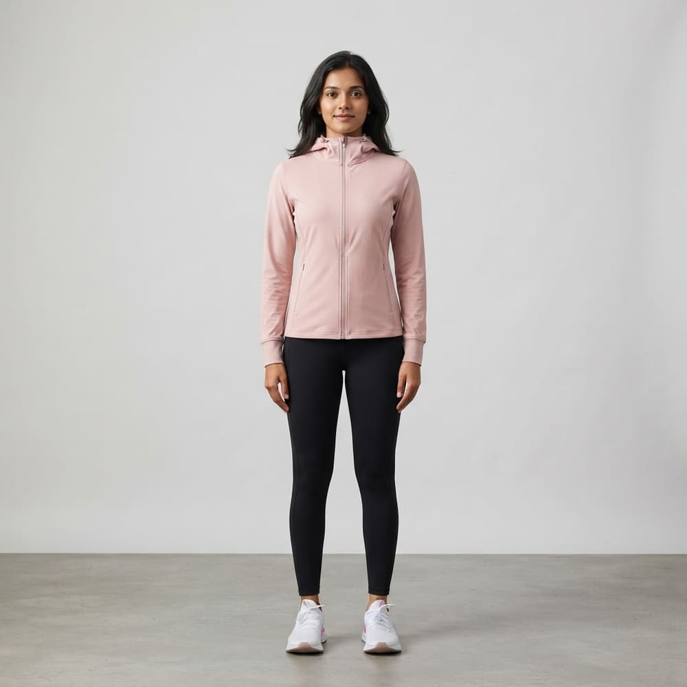 Indian woman wearing META NEST ACTIVEWEAR WindShield Slim-Fit Hoodie Jacket in Blush Rose