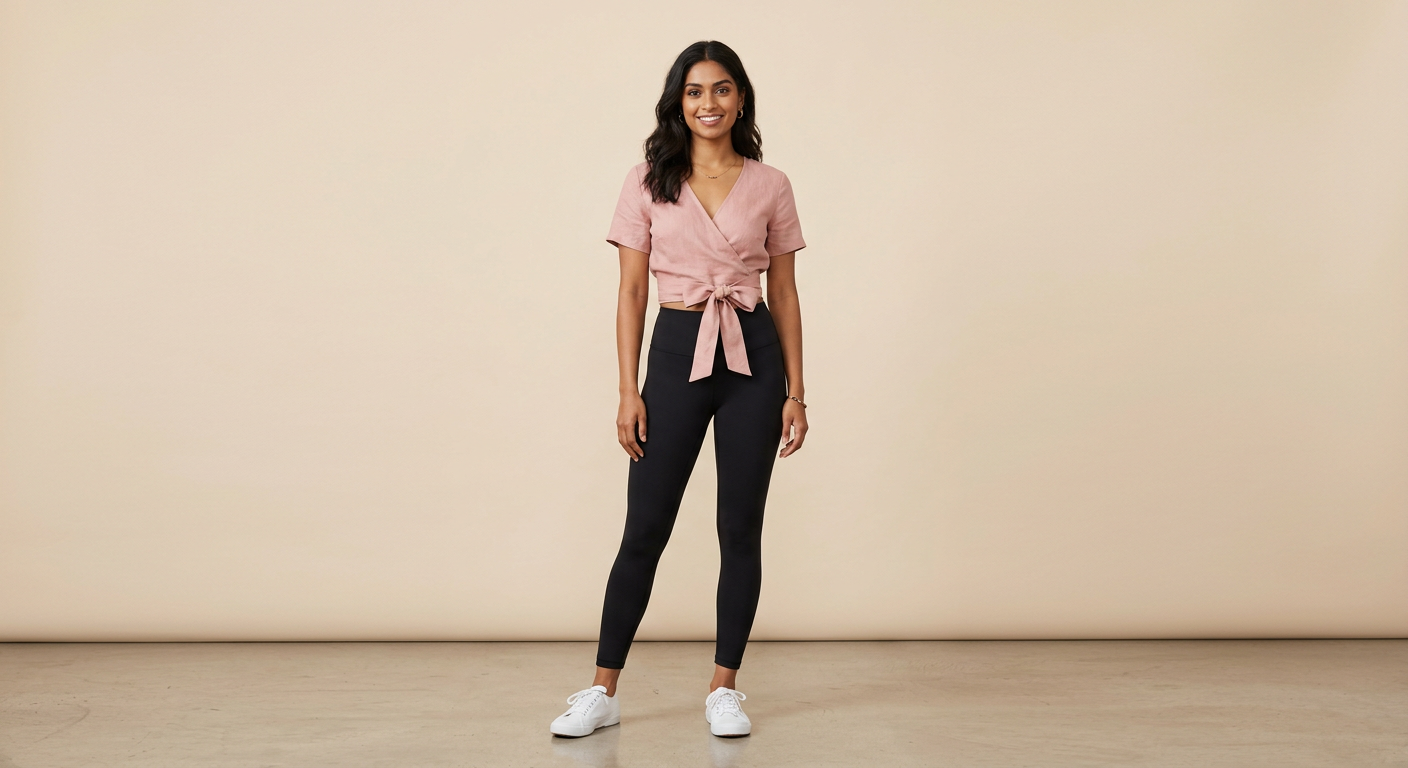 Indian woman wearing META NEST ACTIVEWEAR Wrap-Front Crop Top in Blush Rose