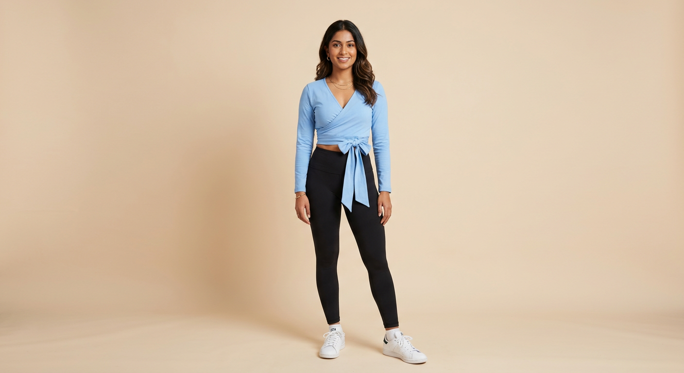 Indian woman wearing META NEST ACTIVEWEAR Wrap-Front Crop Top in Sky Blue