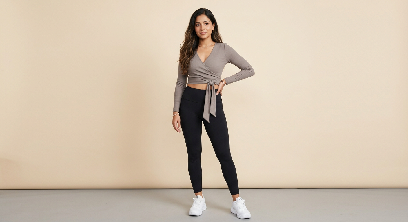 Indian woman wearing META NEST ACTIVEWEAR Wrap-Front Crop Top in Taupe Grey
