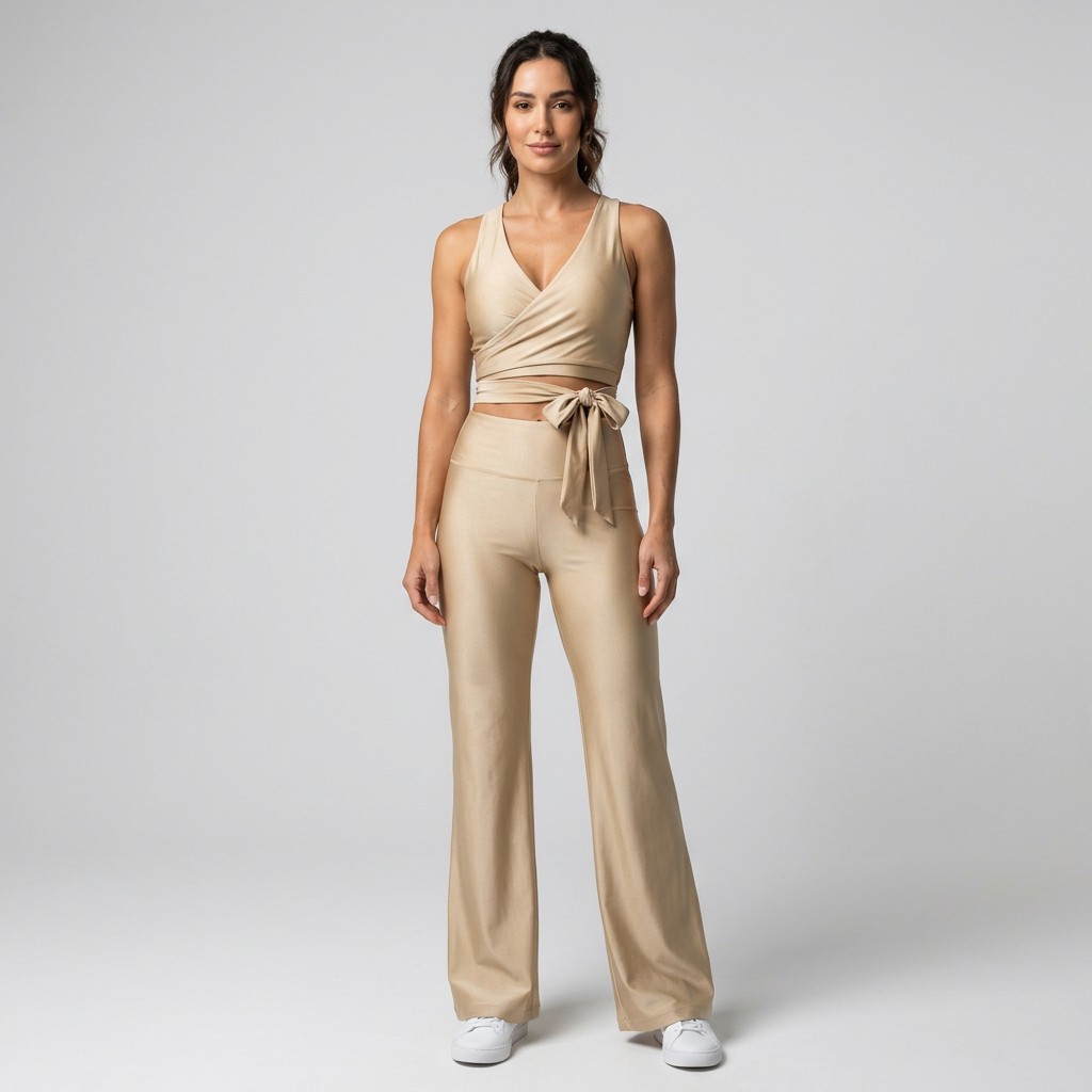 Indian woman wearing META NEST ACTIVEWEAR Wrap-Front Studio Co-ord Set in Champagne Gold