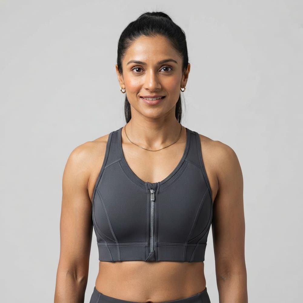 Indian woman wearing META NEST ACTIVEWEAR Zip-Front Studio Bra in Graphite Grey