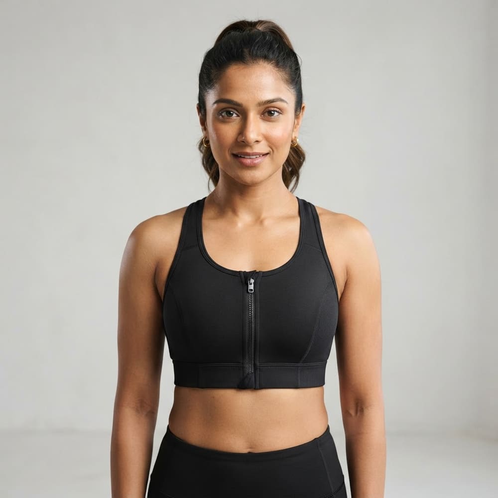 Indian woman wearing META NEST ACTIVEWEAR Zip-Front Studio Bra in Noir Black