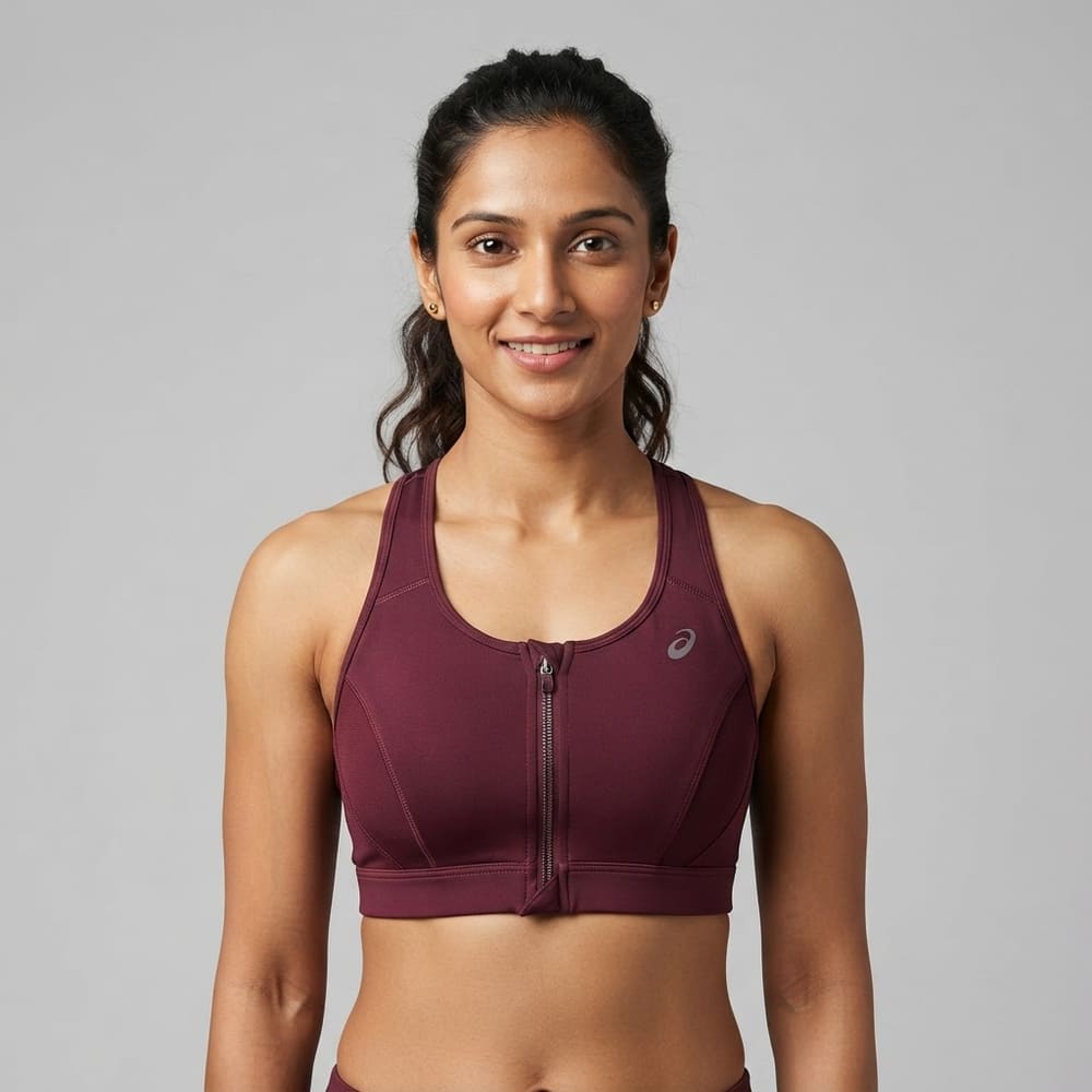 Indian woman wearing META NEST ACTIVEWEAR Zip-Front Studio Bra in Wine Burgundy